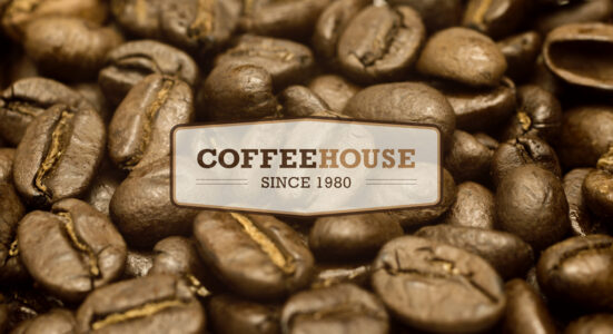 Coffeehouse logo on coffee beans, established 1980.