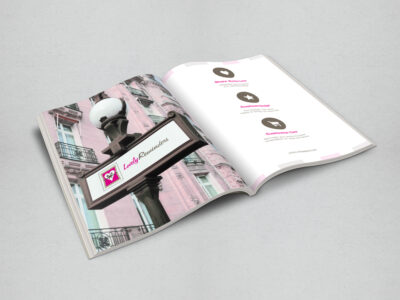 Open magazine showing pink building and services list.