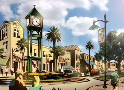 Clock tower in sunny, bustling town center.